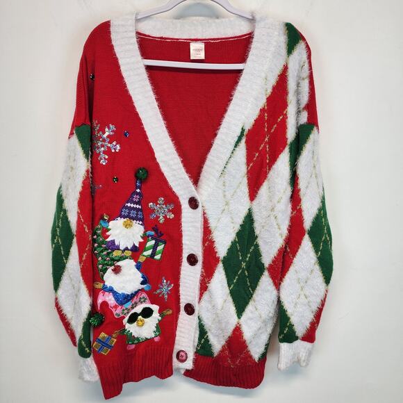 Holiday Time Ugly Christmas Sweater Cardigan Size L Elves Argle V-neck Festive - Picture 1 of 10